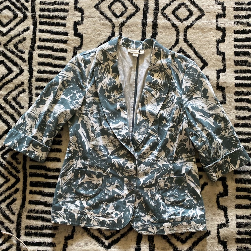 Coldwater Creek Green Floral 3/4 Sleeve Cotton Blazer Sz 6